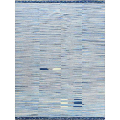Tapis bleu en laine noué à la main de conception unique 10 pi 5 po x 13 pi 10 po New Age Felicie