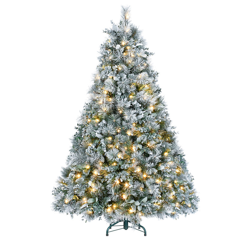 Arbre de Noël 4 pi avec feuillage de pin et d'eucalyptus, 150 lumières DEL blanc chaud, 404 branches épaisses, feuilles givrées faciles à assembler, lumières, support en métal stable
