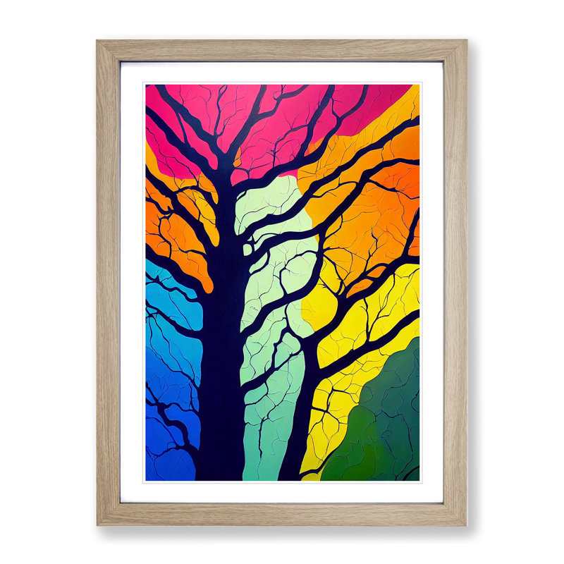 Colourful Abstract Tree No.4 - Wall Art, Oak Framed, White, 34cm H x 25cm W x 2cm D