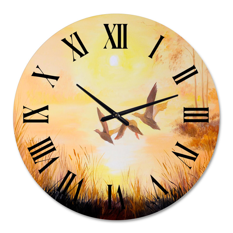 Trois grues volant au coucher du soleil - Horloge murale traditionnelle, Grand