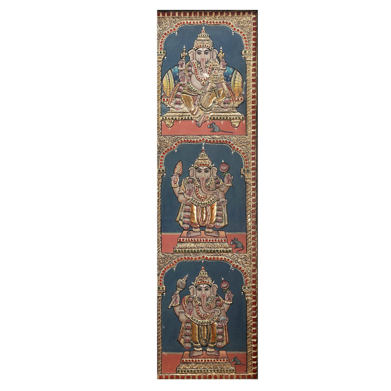 Lord Ganesha Tanjore, peinture | Couleurs traditionnelles avec or 24 carats | Structure en bois de teck