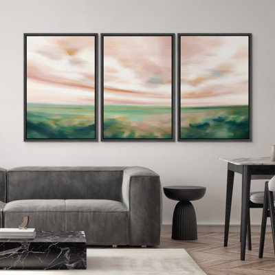 " Pastel Watercolor Pink Cloud Sky Green Countryside Hill Abstract Landscape Rustic Art Decor Scenic " 3 - Pieces on Canvas