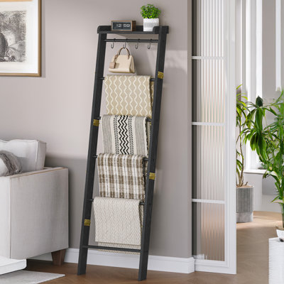  Blanket Ladder Shelf, Decorative Quilt Rack, 7-Tier Farmhouse Ladder Holder Organizer with 4 Removable Hooks