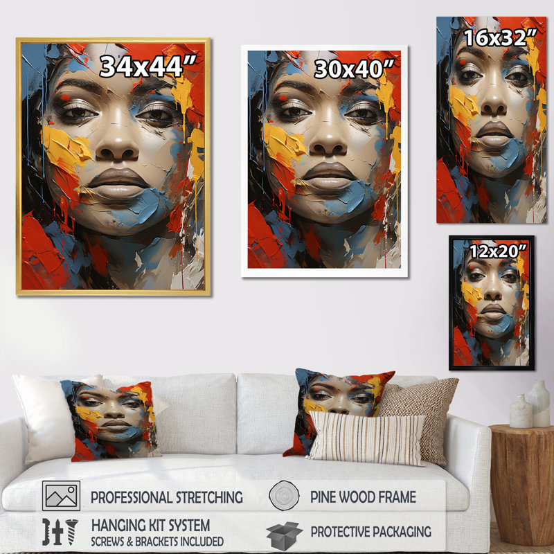 «Paint Collage African Woman», reproduction sur toile afro-américaine, H 32 po x l 24 po x P 1 po, Cadre photo noir simple