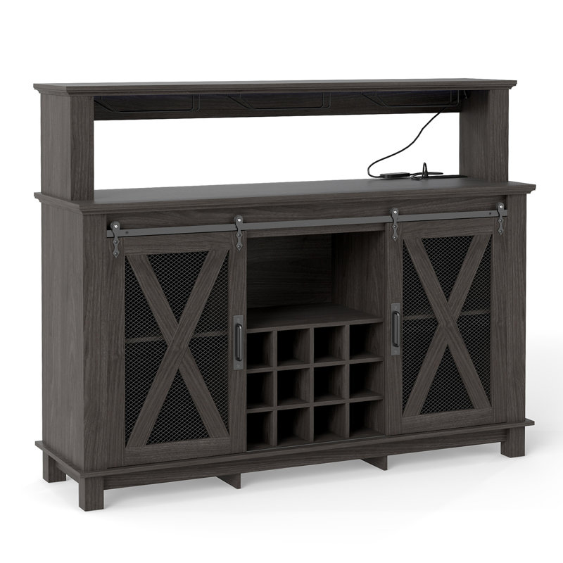  55" Farmhouse Bar Cabinet, Wine Coffee Bar Cabinet With Led Lights And Sliding Barn Door, Home Bar With Wine Racks And Glass Holder