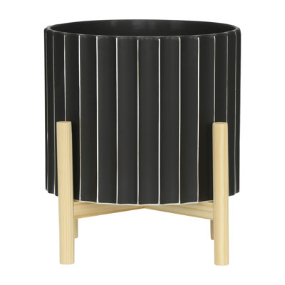 Ceramic Planter with Stand - Fluted Stoneware Pot and Pine Wood Base, Modern Decorative Plant Holder.