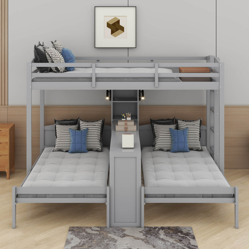Lit superposé avec bureau intégré et tablettes de rangement, 3 lits superposés 3 en 1 avec lampe de lecture et garde-corps