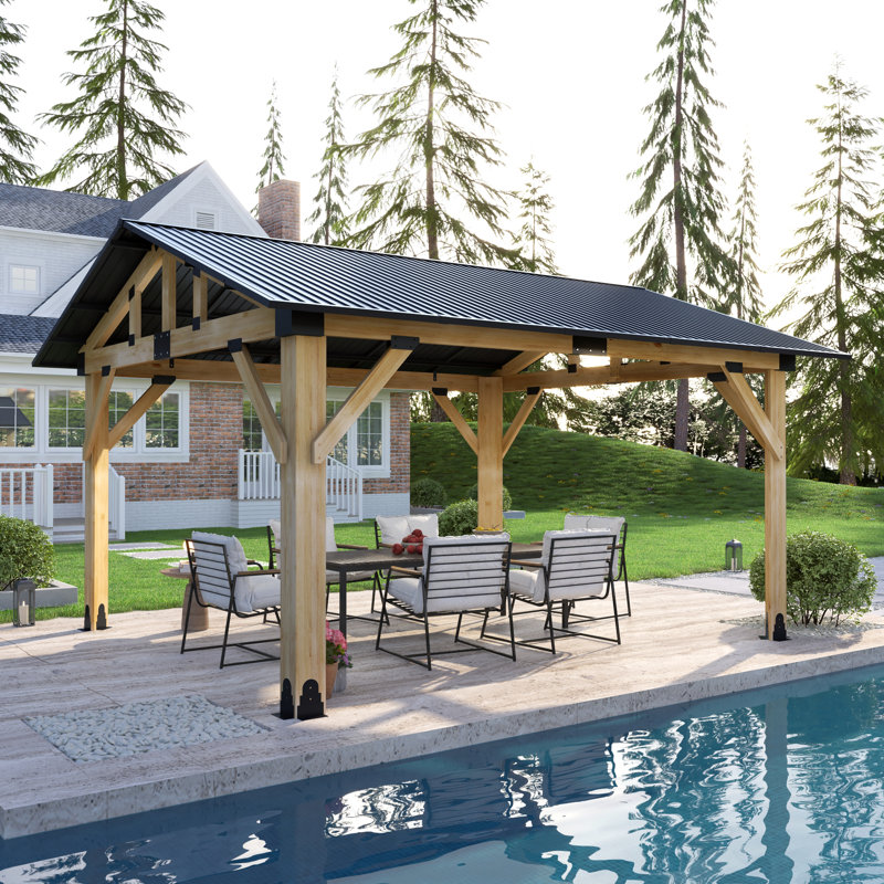 Outdoor Heavy Duty Wooden Gazebo with Galvanized Steel Hardtop Gazebo, 15' W x 13' D