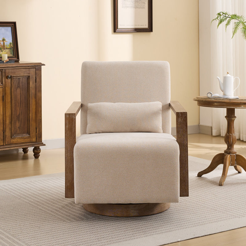 Ynes 30.8" Wide Upholstered Swivel Armchair, Beige Polyester