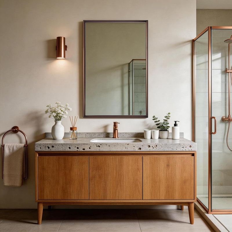Modern Rectangular Bathroom Vanity Mirror with Beveled Edges | Stainless Steel Frame, 36" x 24", Brushed Bronze