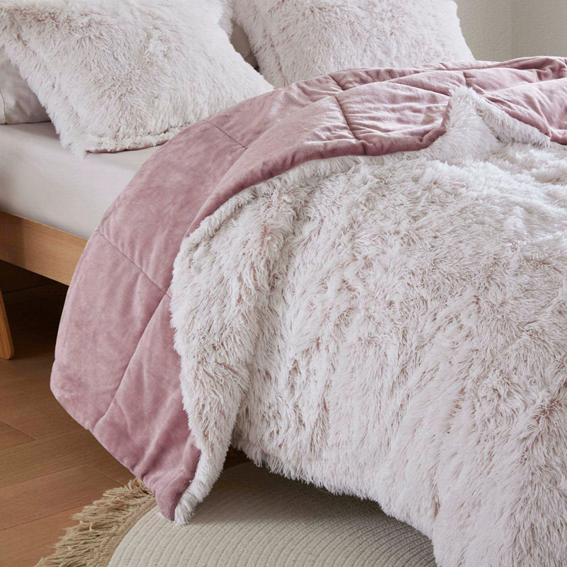 Shaggy Faux Fur Comforter Mini Set, Full/Queen Comforter + 2 Additional Pieces, Pink/White