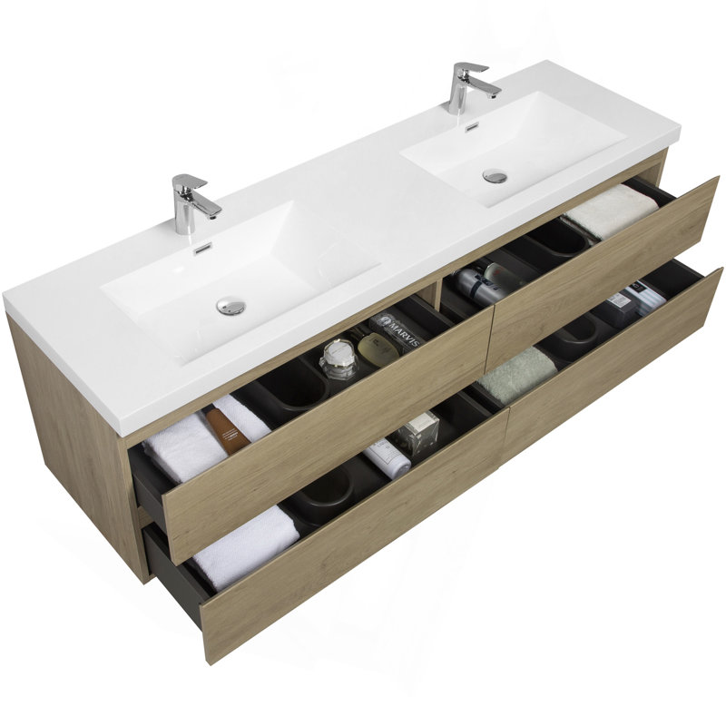 Floating Bathroom Vanity With Sink, Modern Wall-Mounted Bathroom Storage Vanity Cabinet With Surface Top Basin And 4 Soft Close Drawers