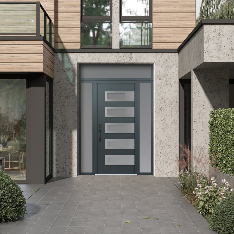 D3 60 po à droite X 96 po Panneau en acier argenté anthracite et verre givré anthracite avec 2 portes d'entrée latérales et porte avant en verre givré