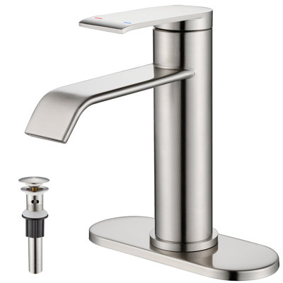 Single Hole Waterfall Spout Deck Mount Bathroom Sink Faucet With Pop Up Drain And Deck Plate
