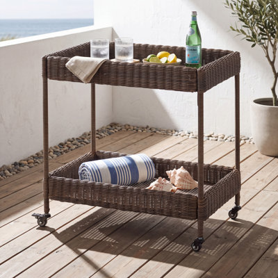 Ashen 29.13-Inch Wide Modern Coastal 2-Tier Wicker Bar Cart with Wheels, PE Wicker & Locking Casters for Indoor & Outdoor Entertaining