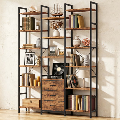 6 Tier Etagere Bookcase,triple Bookshelf With 16 Open Display Shelves And 3 Fabric Drawers