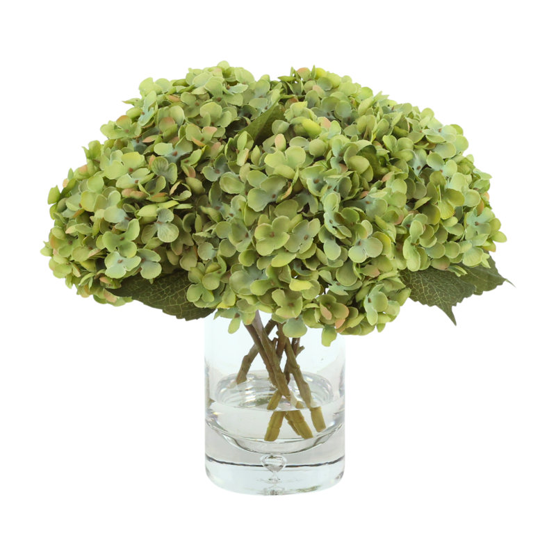 Hortensias dans un vase en verre, Vert, 13 po x 12 po 