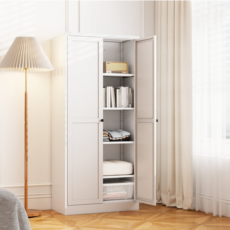 61" White Metal Freestanding Pantry, 4 Shelves, 110Lbs Per Shelf, Tool - Installation, Stain , Space Saving In Kitchen Pantry With Adjustable Shelving, 110Lb Capacity, 30 Minute Assembly, Ventilated