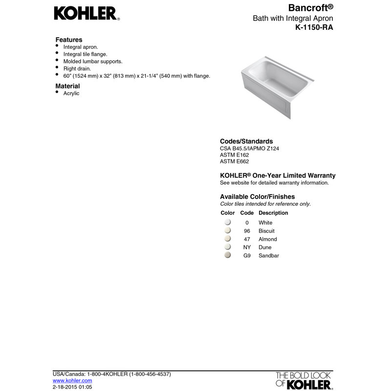 Bancroft® 60" x 32" Alcove Soaking Acrylic Bathtub, Thunder Grey, Right