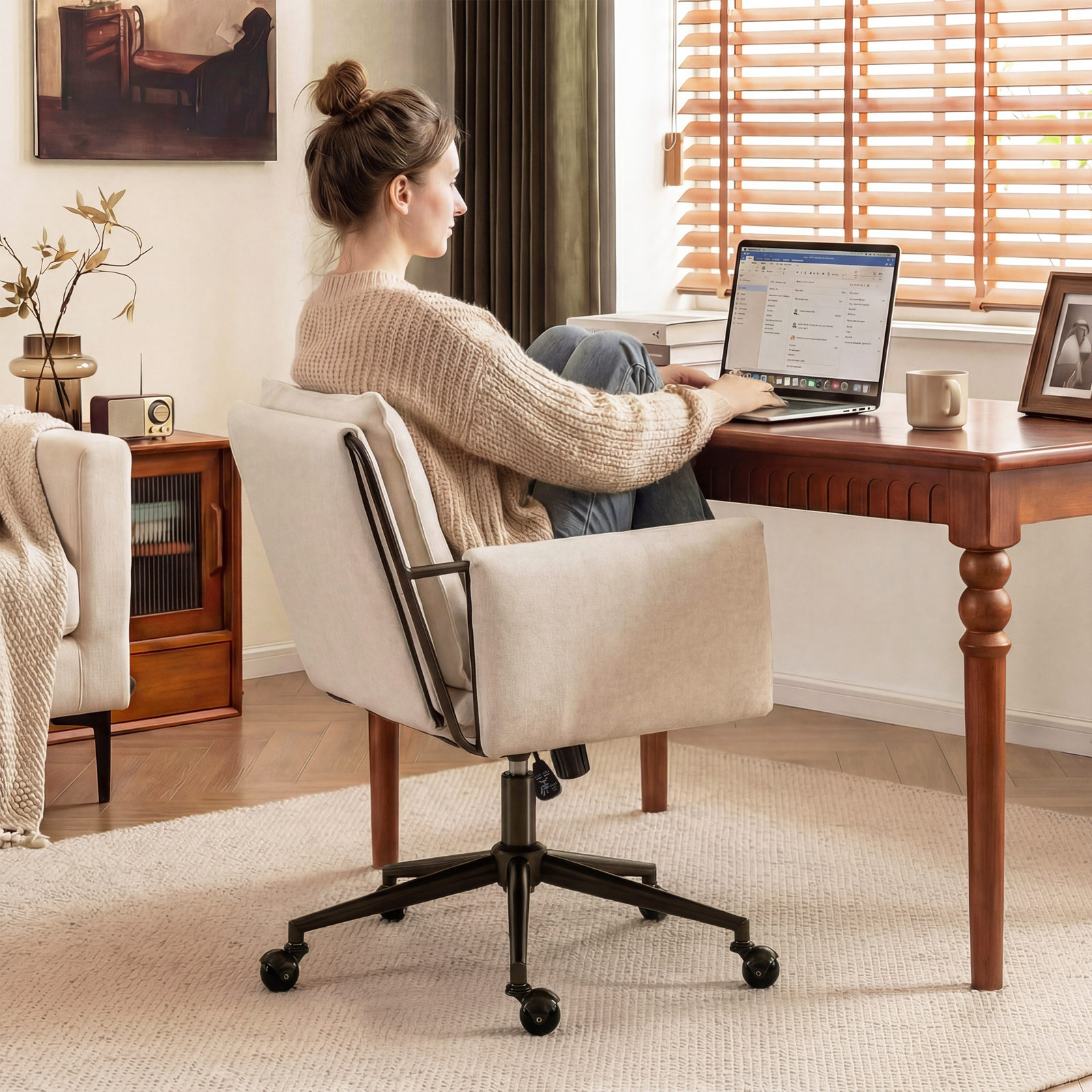 Arianna Upholstered Swivel Office Chair, Beige Seat/ Antique Brass Frame