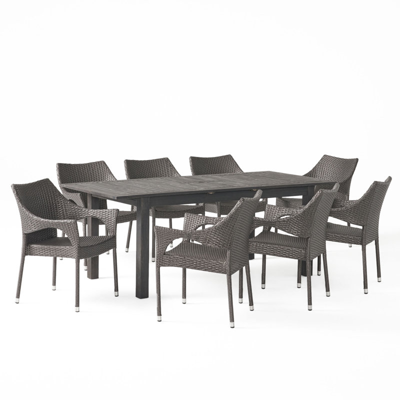 Bruton 8 - Person Acacia Solid Wood Patio Dining Set Extendable Rectangular Table, Sandblast Dark Gray/Gray