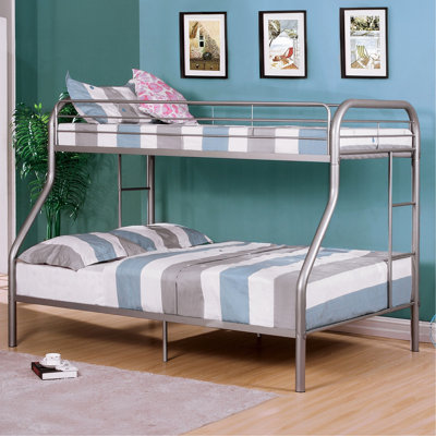 Contemporary Twin Over Full Metal Bunk Bed With Integrated Side Silver Colour For Bedroom Space Management Efficiency Angled In Style Sleep Comfort Enhancement