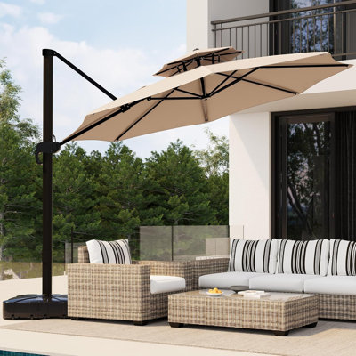 10x10 FT Round Outdoor Umbrella with Base, Cantilever Patio Umbrella with 360° Rotation & Adjustable Height, Heavy Duty Aluminum Umbrella Outdoor Patio for Garden Poolside