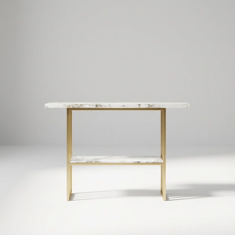 Stylish Contemporary Metal Frame Console Table with Faux Marble Top and Lower Storage Shelf
