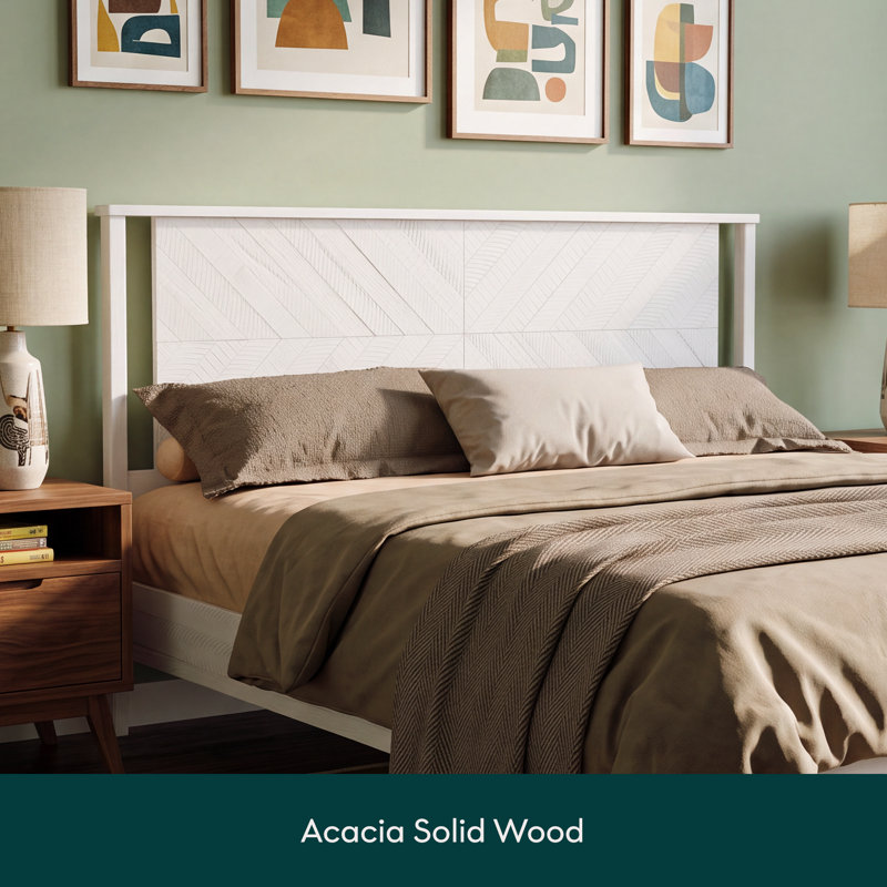 Vivian DELUXE Platform Bed Frame with Headboard – Acacia Wood, King, Rustic White