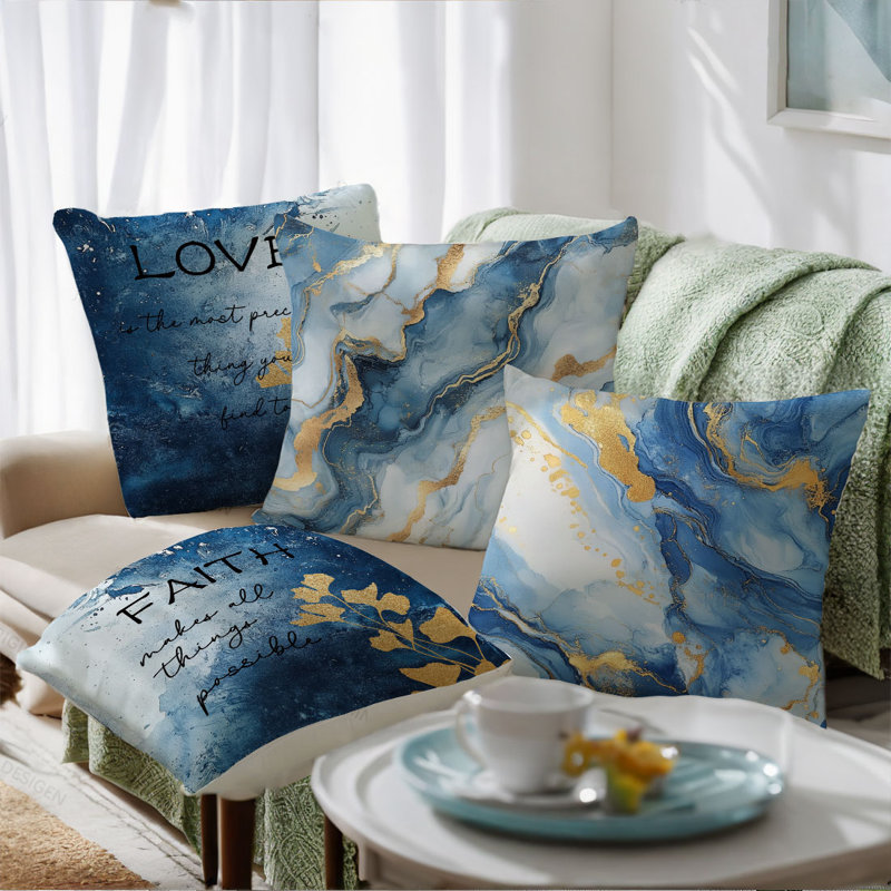 4 Pcs Blue Marble Pattern Decorative Pillow Covers