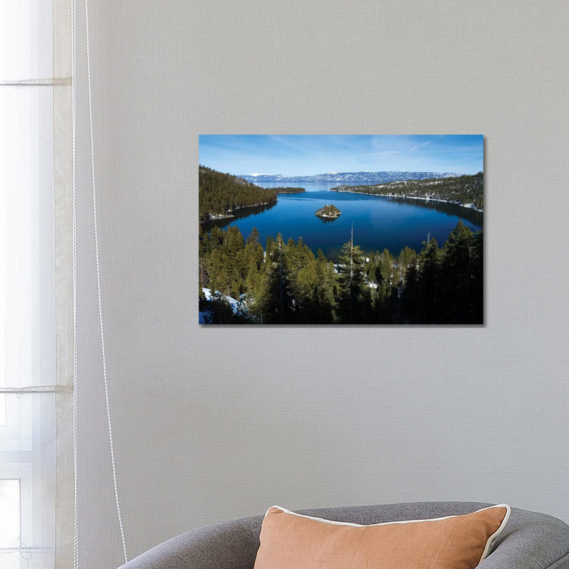 Trees At Lakeshore With Mountain Range In The Background, Lake Tahoe, California, USA I 1 Piece Wrapped Canvas Wall Art