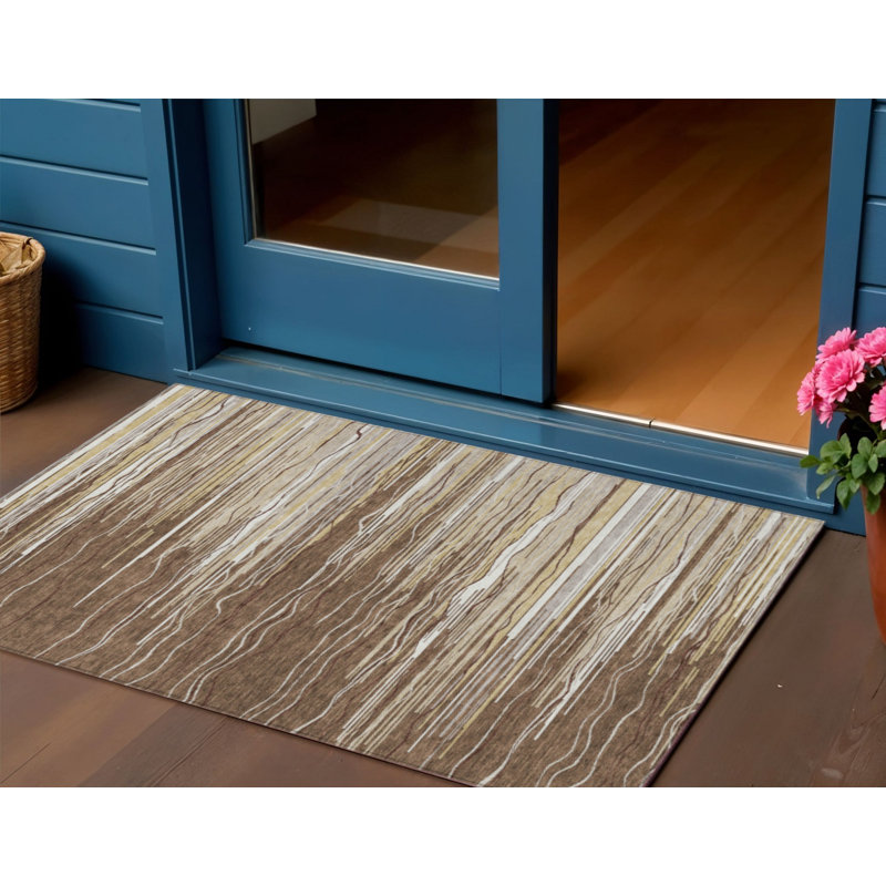 3' X 5' Brown Beige And Ivory Striped Washable Indoor Outdoor Area Rug