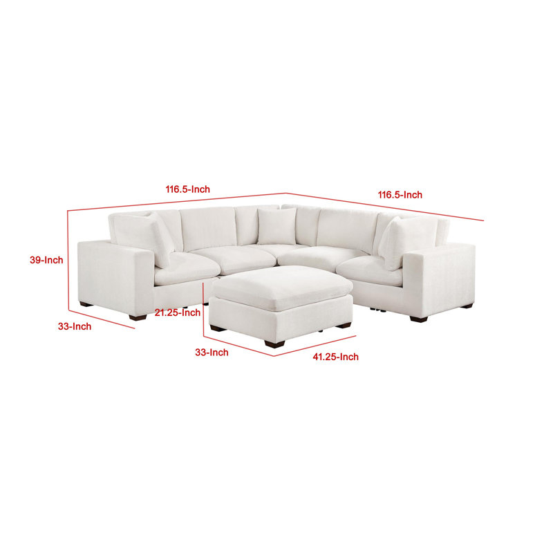Lahe 6 Piece Modular Sectional Sofa With Ottoman, 3 Pillows, Ivory Fabric
