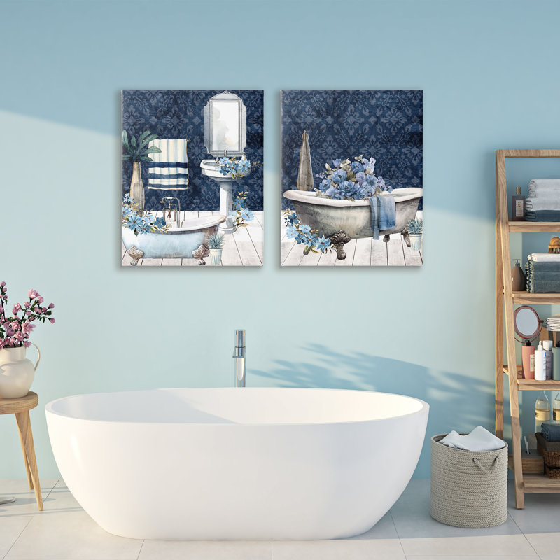 Ensemble de 2 toiles bleues à motif floral d'intérieur, par Kim Allen, H 30 po x l 24 po