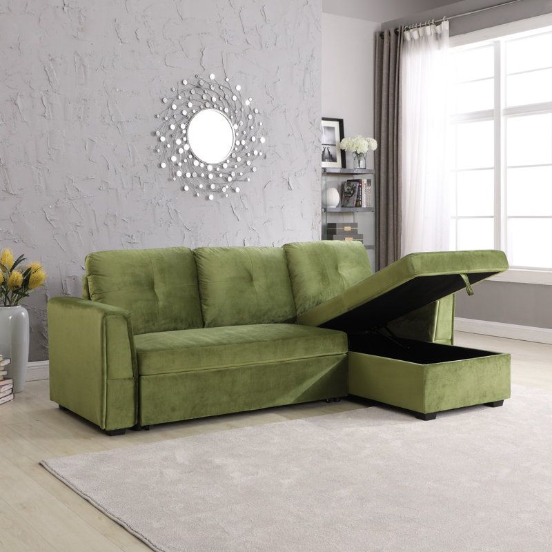 91" Wide Silk Reversible Sleeper Sofa & Chaise, Green Silk