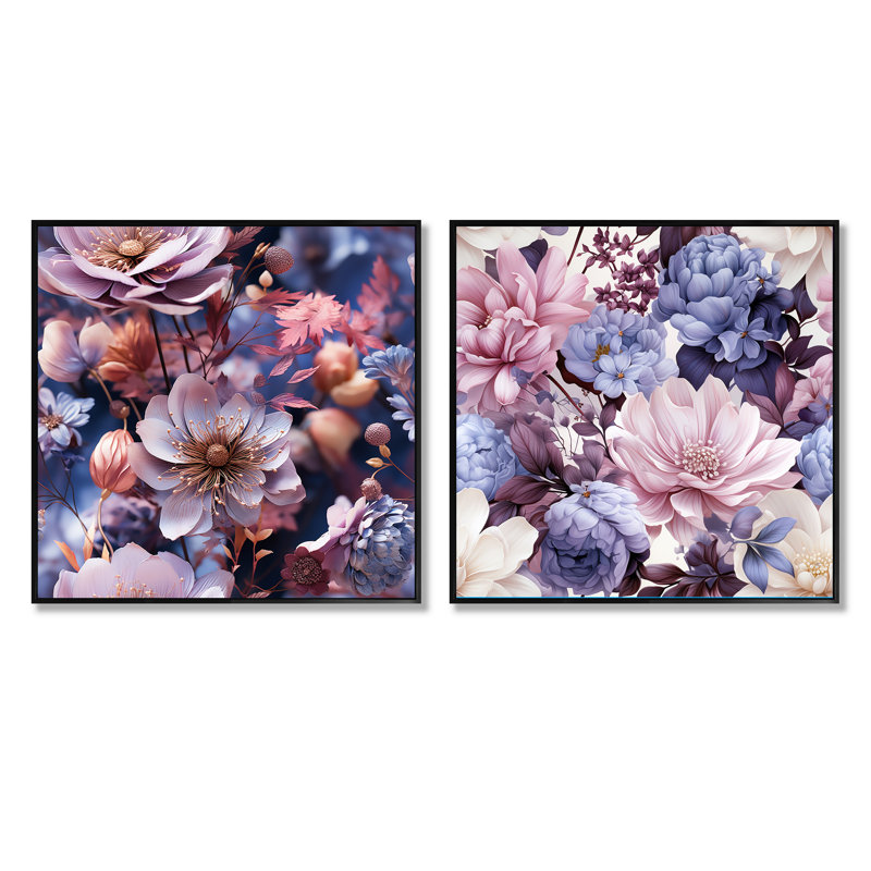 Baguenaudiant - Ensemble de 2 collages carrés floraux, Cadre flottant noir, H 16 po x l 33 po