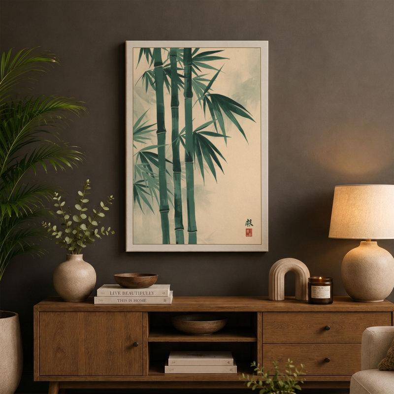 Three Bamboo Stems Japandi - Wrapped Canvas, 30x20 - 76.2 x 50.8 cm, Cream Border
