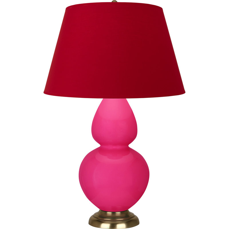 Lampe de table double gourde en céramique, Rose Razzle glacé / laiton, Blanc cassé, Laiton