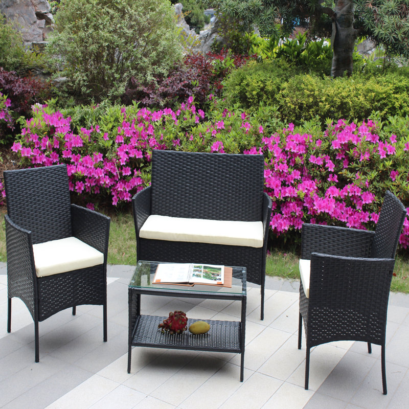 Contemporary 4 PC Rattan Patio Furniture Set Outdoor Patio Cushioned Seat Wicker Sofa (Beige Cushion