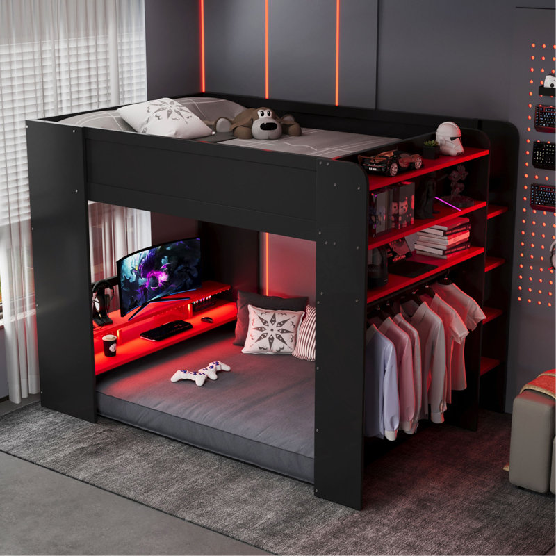 Lit superposé double en bois pleine grandeur avec bureau à hauteur réglable, garde-robe, grand espace de rangement et lumière RVB