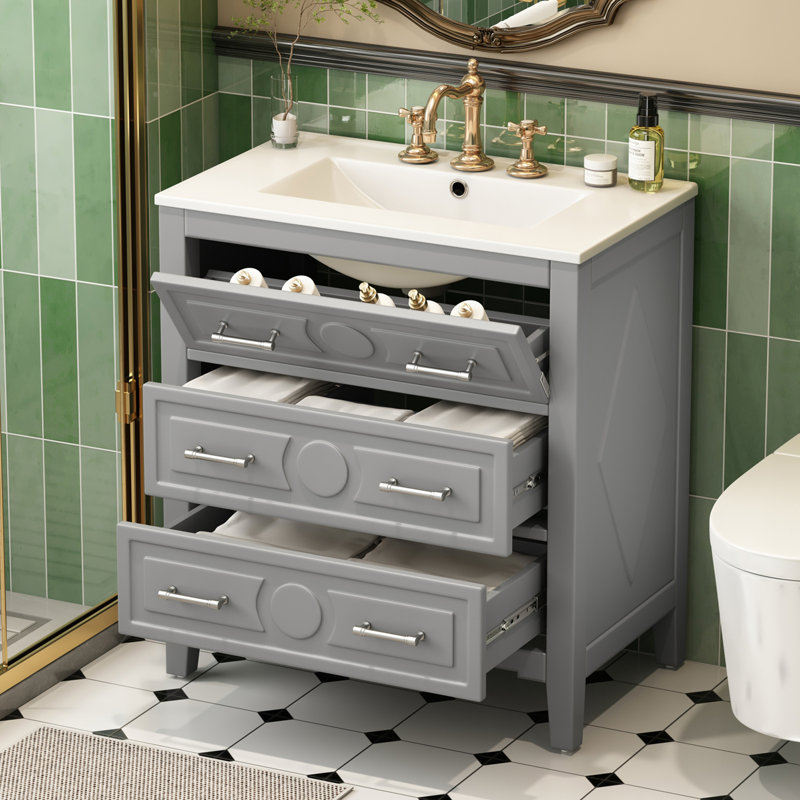 Meuble-lavabo de salle de bain avec lavabo en céramique, Gris