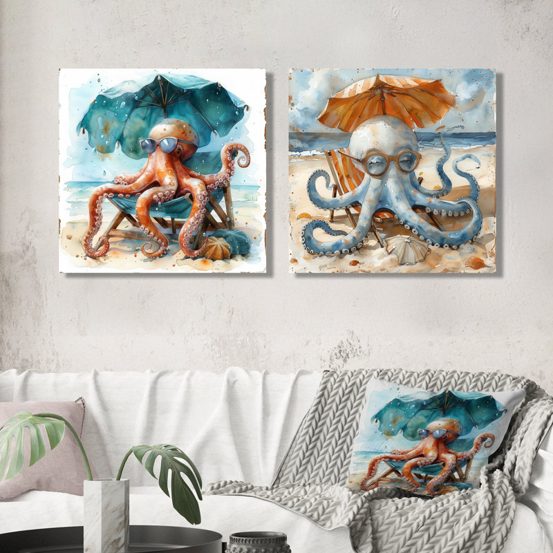 Pieuvre sur la plage à Hawaï I - décoration murale pieuvre / calmar - art mural moderne 2 pièces, H 36 po x l 73 po