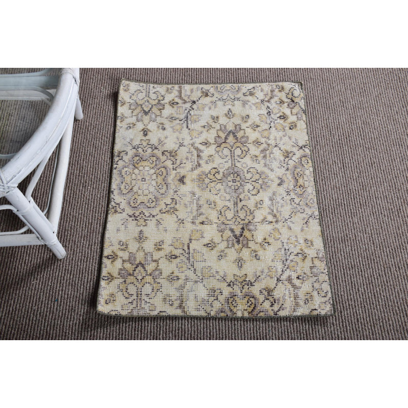 Vintage Small Beige Turkish Oushak Rug with Geometric Patterns Ideal for Door Entry Mat