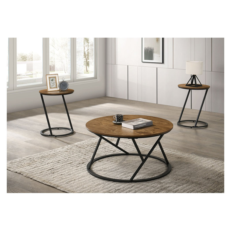 Ensemble de tables basses 3 pièces à finition naturelle avec base en métal
