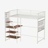 Twin sized loft metal bed with white for bedroom and dormitory, with built-in charging station and LED lighting