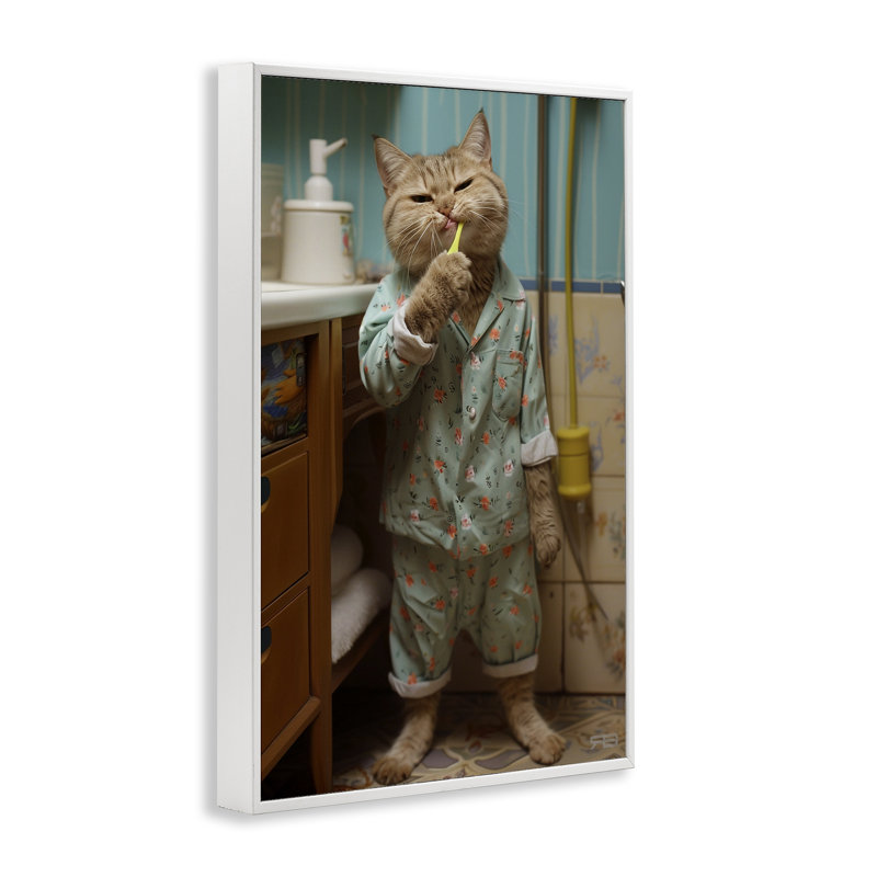 Chat qui se brosse les dents, estampe numérique par Roozbeh Bahramali, Giclée encadrée blanc bord de mer, H 24 po x l 16 po