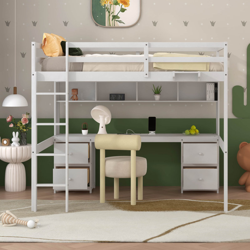 Lit mezzanine double avec bureau Briona Kids, Blanc
