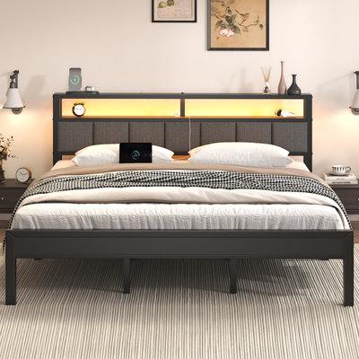 King Metal Platform Bed with 2-Tier Shelves, Linen-Upholstered Headboard, RGB LED Lights, Easy Assembly, Gray