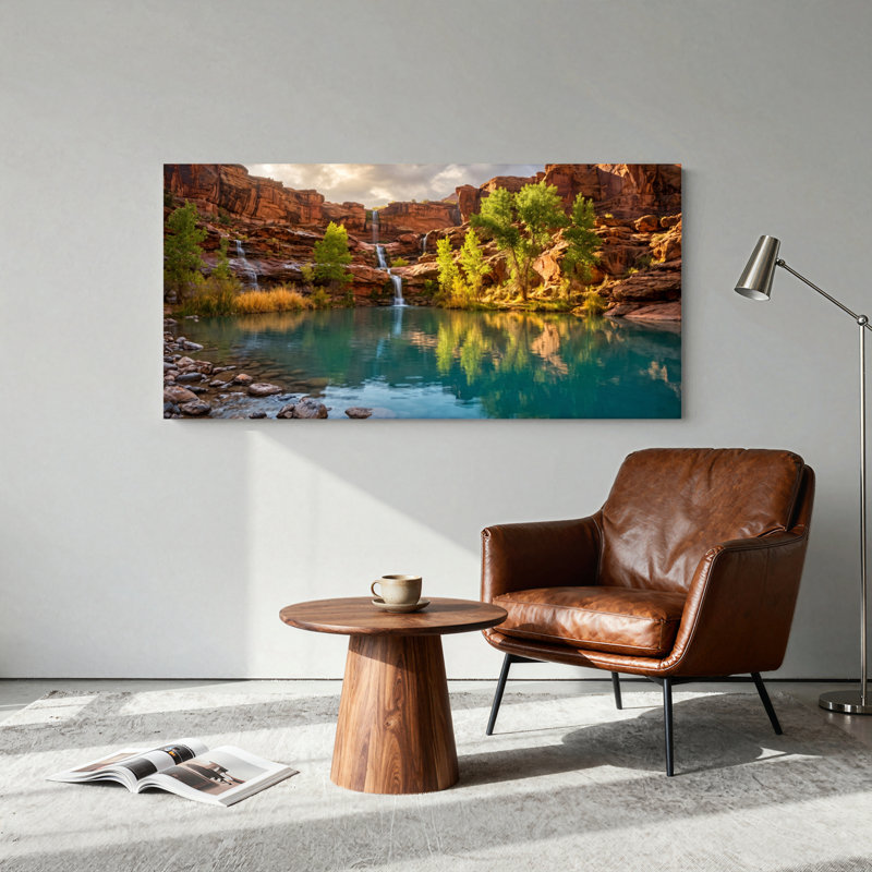 Ensemble de 1 tableau sur toile représentant une cascade de canyon, L 40 po x H 20 po, Toile tendue