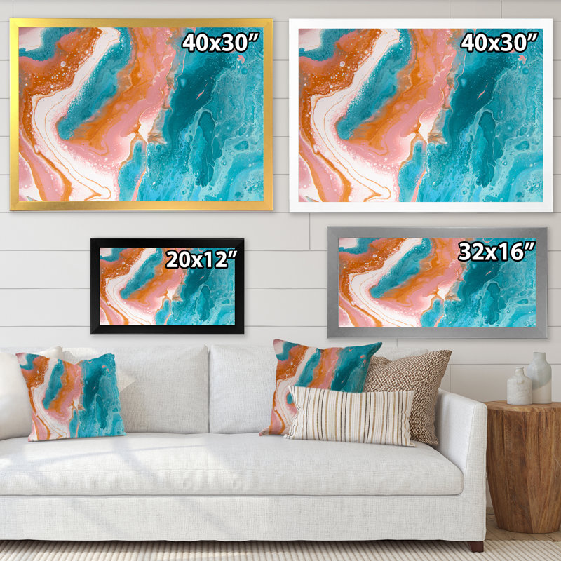 Turquoise et vagues de marbre rose II - peinture sur toile, H 12 po x l 20 po x P 1 po, Cadre doré